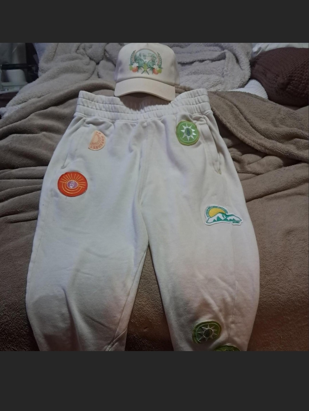 Free People White Patchwork June Bug Joggers With Matching Hat